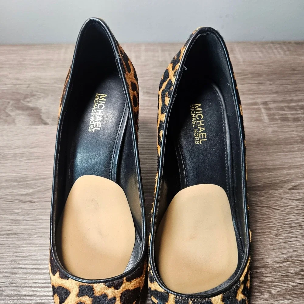 Michael Kors Leopard Hair Calf Pointed Toe Block Heel Pumps PV19E Womens 6M